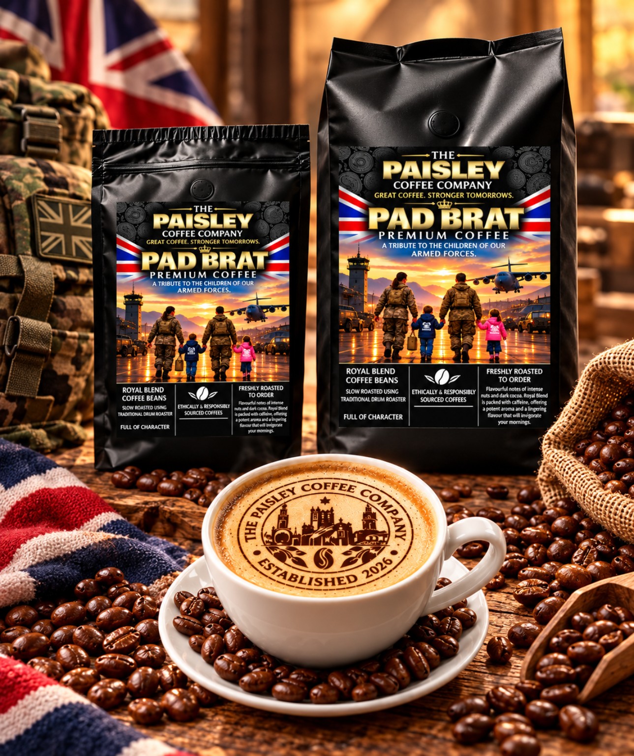 Royal Blend coffee bags with branded cup